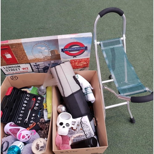 31 - TWO BOXES OF MISCELLANEOUS ITEMS
including water bottles, folding stool, London print, karaoke micro... 