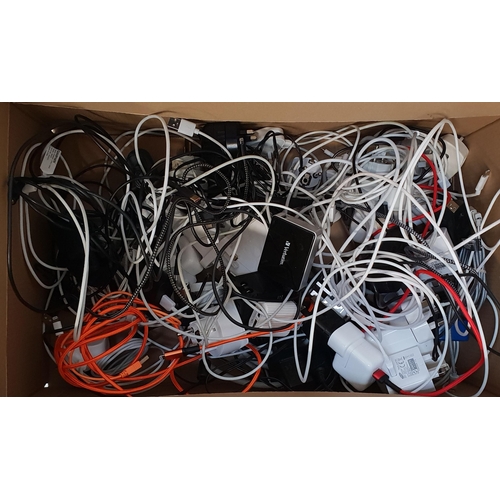 ONE BOX OF CABLES, PLUGS, CHARGERS AND HEADPHONES including one power bank,
