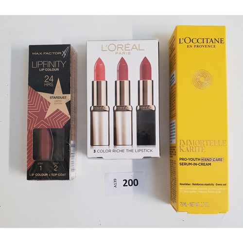 SELECTION OF NEW AND BOXED MAKE-UP AND TOILETRIES
comprising Max Factor Lipfinity Lip Colour - Stardust; L'Oreal three lipstick set; and L'Occitane Pro-Youth Hand Care