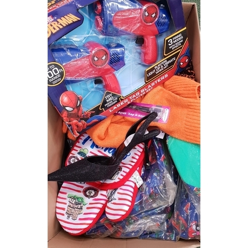 ONE BOX OF NEW ITEMS
including Spider Man laser tag, pair of ladies high heeled shoes (size 5), George at Asda jumper, Monaco oven mit and pot holder, children's bags, souvenirs, etc.