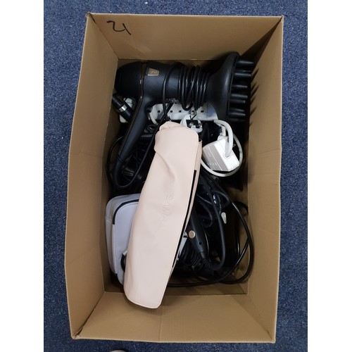 ONE BOX OF ELECTRICAL ITEMS
including Bamba hair waver with bag, tooth brushes, GHD hairdryer, other hairdryers, trimmers, etc.