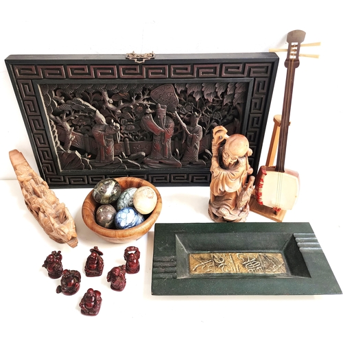 246 - SELECTION OF EAST ASIAN ITEMS
including a carved teak wall panel depicting scholars, carved dragon b... 