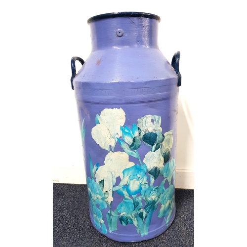 256 - STEEL MILK CHURN
painted blue with applied floral decoupage decoration, 71cm high