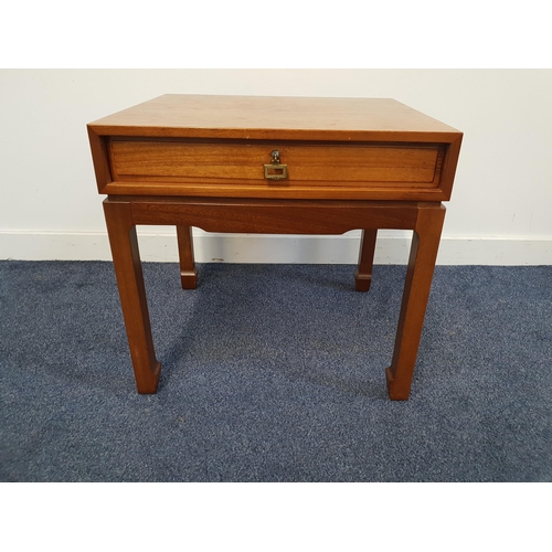 408 - LEGATE TEAK SIDE TABLE
with a plain top above a panelled push through drawer, with a shaped frieze b... 