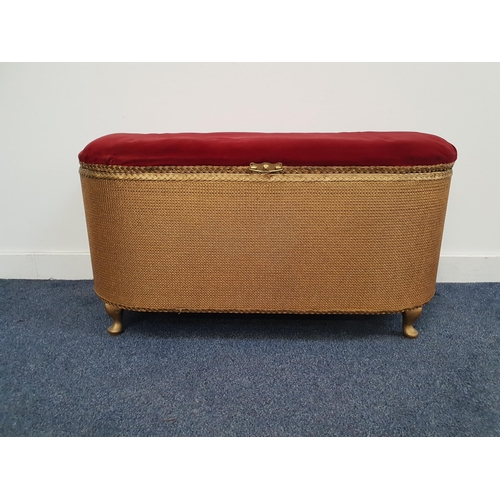 D SHAPED WICKER OTTOMAN
with a padded lift up lid above a gold coloured body, standing on stout cabriole supports, 48cm x 92cm x 39cm