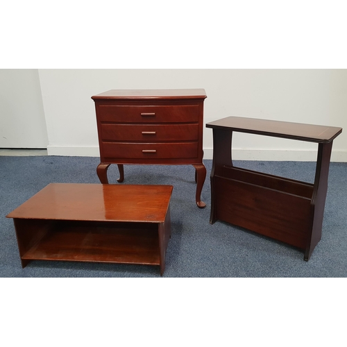 MAHOGANY AND CROSSBANDED OCCASIONAL TABLE
with a rectangular top above a two division magazine rack, 51cm high, together with a D shaped side table with three drawers, on cabriole supports, 61.5cm high, and a mahogany table top cabinet, 59cm wide (3)
