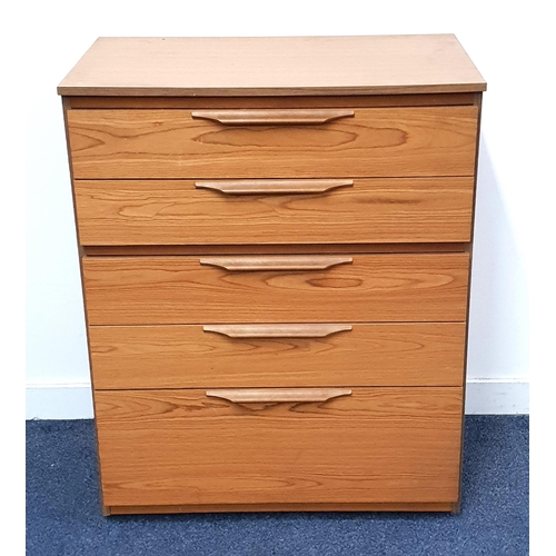 359 - TEAK EFFECT CHEST OF DRAWERS
with five graduated drawers, standing on a plinth base with casters, 95... 