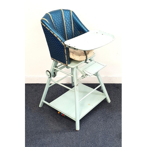 1940s CHILD'S HIGH CHAIR
with a blue vinyl seat, folding tray, foot rest and fold over action, painted in pale blue