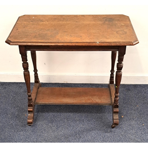 363 - EDWARDIAN OAK SIDE TABLE
with a rectangular moulded top with canted corners, standing on turned supp... 