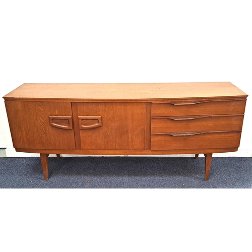 371 - RETRO 1960s TEAK BOW FRONT SIDEBOARD
with a central drop front flap revealing a drinks cabinet, flan... 