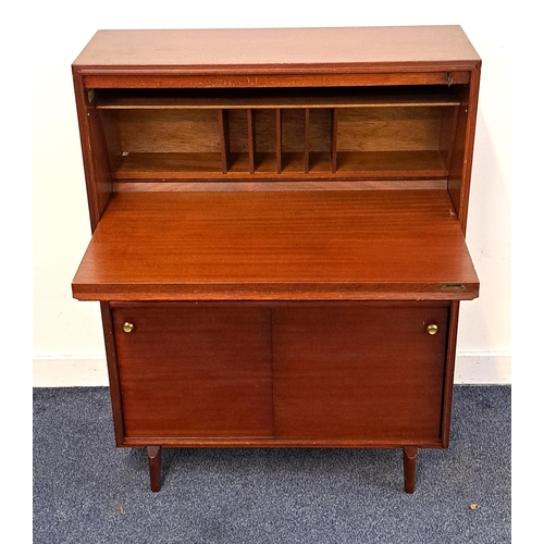 414 - MAHOGANY STUDENTS DESK
with a rectangular top above a fall flap opening to reveal a shelf and pigeon... 