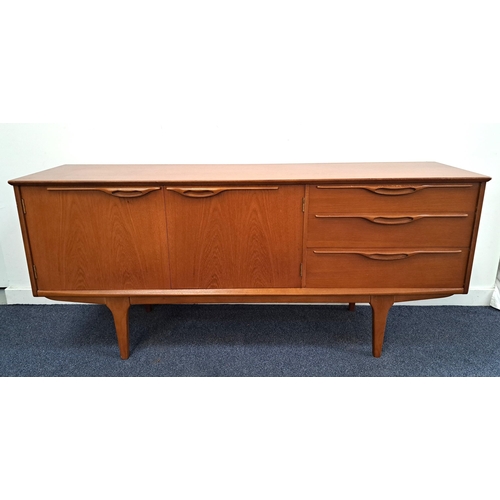 VINTAGE JENTIQUE TEAK SIDEBOARD
with a bank of three graduated drawers and a pair of cupboard doors, standing on tapering supports, 73cm x 167.5cm x 44.5cm