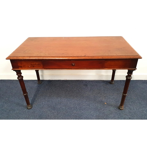 427 - EDWARDIAN MAHOGANY DESK
with a moulded top above a frieze drawer, standing on turned supports, 66cm ... 