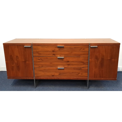 ETONIA WALNUT SIDEBOARD
with three central drawers flanked by a pair of cupboard doors with chrome handles and chrome inserts extending to the continuous supports, 70cm x 160cm 45cm