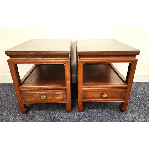 344 - PAIR OF CHINESE HARDWOOD SIDE TABLES
with rectangular tops above an open shelf with a drawer below, ... 