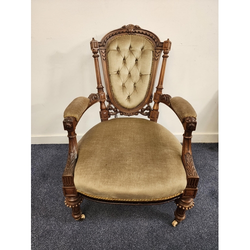 389 - VICTORIAN WALNUT OPEN ARMCHAIR
with a shaped button back and outswept arms above a shaped stuffover ... 