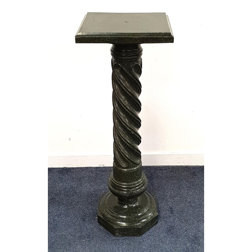 386 - GREEN VEINED MARBLE TORCHERE
with a square top on a barley twist column and a hexagonal base, 106cm ... 