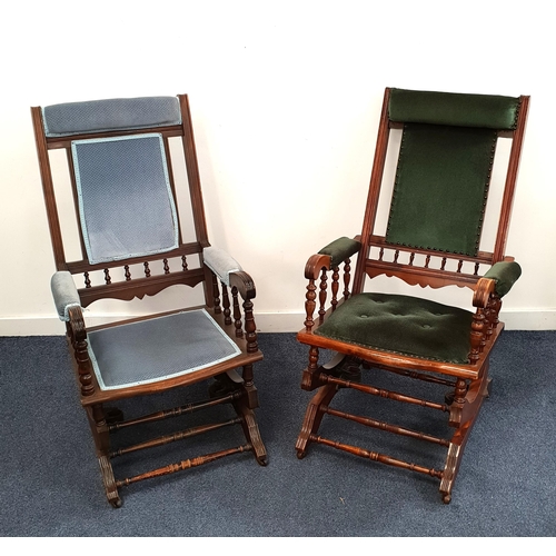 455 - NEAR MATCHING PAIR OF AMERICAN ROCKING CHAIRS
with turned columns, padded top rails, backs and seats... 