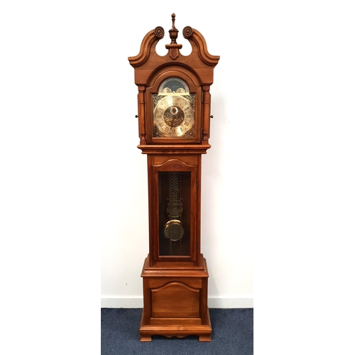 459 - OAK CASED LONGCASE CLOCK
with an arched brass dial and 30 hour movement with three brass train drive... 