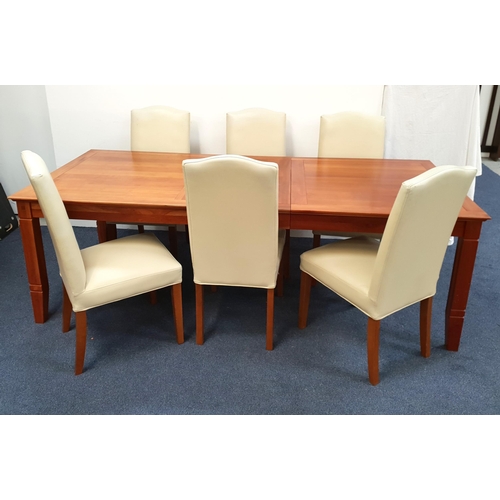 JOHN LEWIS CHERRY DINING TABLE AND SIX CHAIRS
the table with a pull apart top and extra leaf, standing on tapering supports, 230cm extended, together with six cream high back dining chairs, with padded backs and seats, standing on tapering supports