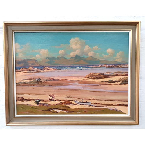 337 - R. FORSYTH
Islands of Eigg and Rum from Arisaig, oil on canvas, signed and inscribed to verso, 58cm ... 