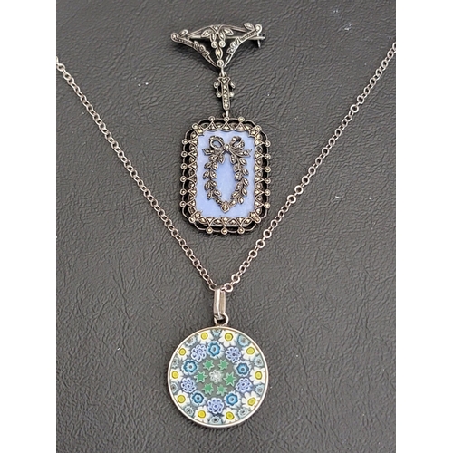 145 - MILLEFIORI PENDANT IN SILVER MOUNT AND ON SILVER CHAIN
together with a marcasite and enamel decorate... 