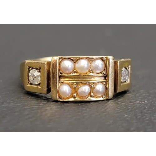 116 - SEED PEARL AND DIAMOND RING
the central six seed pearls in rectangular setting and flanked by diamon... 