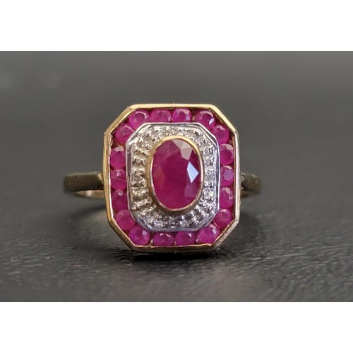 122 - ART DECO STYLE RUBY AND DIAMOND RING
the central oval cut ruby approximately 0.6cts in illusion sett... 