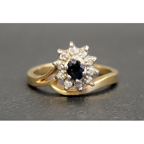 138 - SAPPHIRE AND DIAMOND CLUSTER RING
the oval cut sapphire in ten diamond surround, on eighteen carat g... 