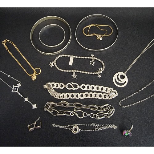 SELECTION OF SILVER JEWELLERY
including two silver bangles, an unmarked curb link bracelet, a Lola Rose necklace, a Dyadema silver gilt bracelet; a ChloBo bracelet with star charms, other necklaces, bracelets, etc.