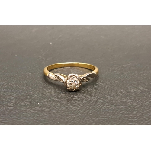 134 - DIAMOND SOLITAIRE RING
the central diamond approximately 0.35cts flanked by tiny diamonds to the sho... 