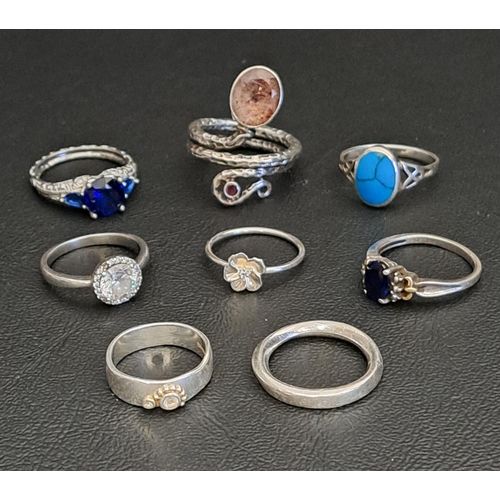 162 - EIGHT VARIOUS SILVER RINGS
including sapphire, turquoise and agate, etc.