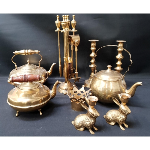 267 - LARGE SELECTION OF BRASS WARE
including two companion sets, two toddy kettles, two pairs of chambers... 