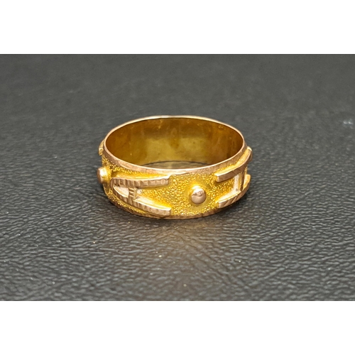 29 - UNMARKED HIGH CARAT GOLD RING
the band with relief letter decoration, ring size N-O and approximatel... 