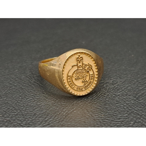 103 - MACDONALD CLAN CREST DECORATED SIGNET RING
in eighteen carat gold, ring size U-V and approximately 8... 