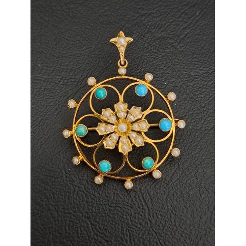 111 - EARLY 20th CENTURY TURQUOISE AND SEED PEARL BROOCH/PENDANT
of delicate pierced design, in nine carat... 