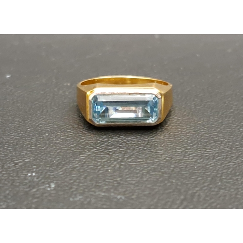 AQUAMARINE SINGLE STONE RING
the rectangular step cut aquamarine approximately 2cts, on eighteen carat gold shank, ring size O-P and approximately 6.8 grams