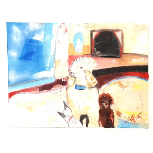 SACHA JAFRI
Holding Court-Cats and Dogs, oil on canvas, signed and dated '01, signed and dated to verso and dedicated 'Commission For John', 76cm x 102cm