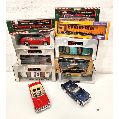 SELECTION OF DIE CAST VEHICLES
comprising a Burago Porsche 911, Mira Corvette and a Buick Century, UT Chevrolet Caprice, two Corvette's, two Porsche Carrera, two Corgi Eddie Stobart lorries and a Continental Tyres lorry, all boxed