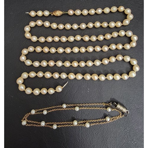 32 - TWO PEARL NECKLACES
one with nine carat gold clasp (damaged), 80cm long; and another with small pear... 