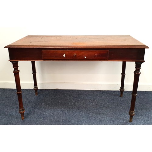 473 - VICTORIAN MAHOGANY SIDE TABLE
with a moulded top above a frieze drawer, standing on turned tapering ... 