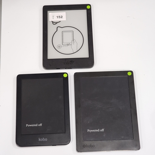THREE E-READERS 
comprising two Kobo e-readers, serial numbers N867740036769 and N5062CC167758; and a Tolino e-reader (3)
Note: It is the buyer's responsibility to make all necessary checks prior to bidding to establish if the device is blacklisted/ blocked/ reported lost. Any checks made by Mulberry Bank Auctions will be detailed in the description. Please Note - No refunds will be given if a unit is sold and is subsequently discovered to be blacklisted or blocked etc.