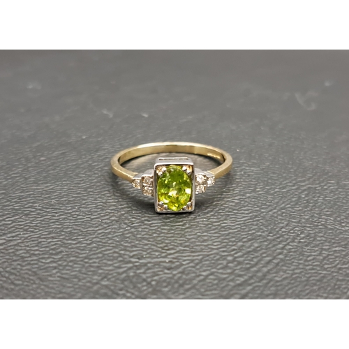 130 - PERIDOT AND DIAMOND RING
the central oval cut peridot approximately 0.75cts in rectangular setting a... 