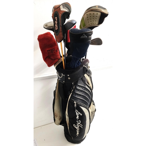 SET OF GOLF CLUBS
comprising seven assorted drivers, four putters, chipping iron, sand wedge, Ben Hogan bag, golf balls, tee's and a glove