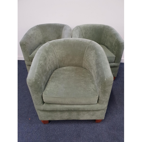 THREE HORSE SHOE BACK ARMCHAIRS
with padded backs and seats and a shaped loose seat cushion, covered in a plush mint green velour, standing on stout supports (3)