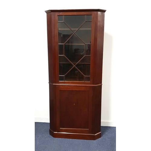 LARGE MAHOGANY CORNER CUPBOARD
the upper section with an astragal glazed door, the base with a panel cupboard door, standing on a plinth base, 198cm high
