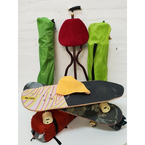 ONE BOX OF SPORTING AND LEISURE ITEMS
including a 2 person tent, two skateboards, two camping chairs, a folding stool and a swimming cap