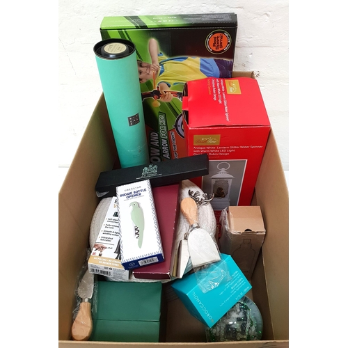 12 - ONE BOX OF NEW ITEMS
including a bow and arrow game, glass ornaments and snow globes, a Rituals diff... 