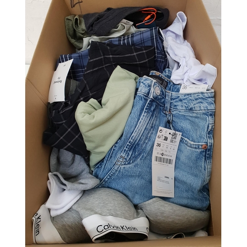 14 - ONE BOX OF NEW CLOTHING ITEMS
including Superdry T-shirts/tops (all medium), H&M clothing (various s... 