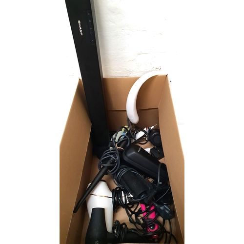 ONE BOX OF ELECTRICAL ITEMS
including a Sharp soundbar, a neck fan, hair dryers, GHD straighteners, hair styler, toothbrushes and hair trimmers